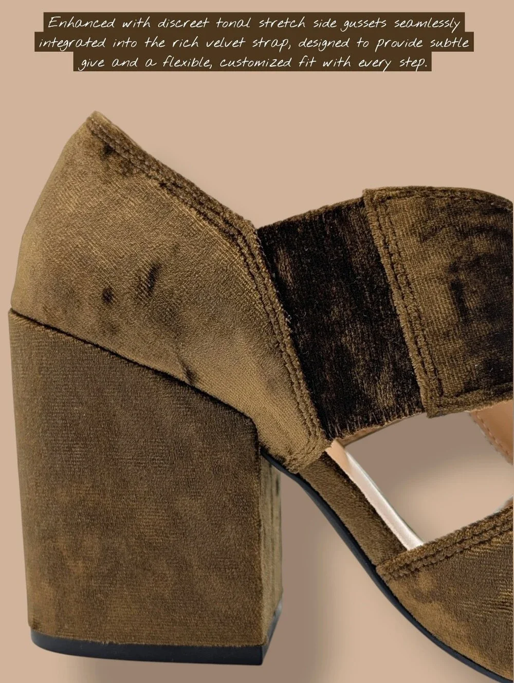CAbi Interlock Sz 6 Crushed Velvet Sandal Olive Green Peep Toe Block Heel